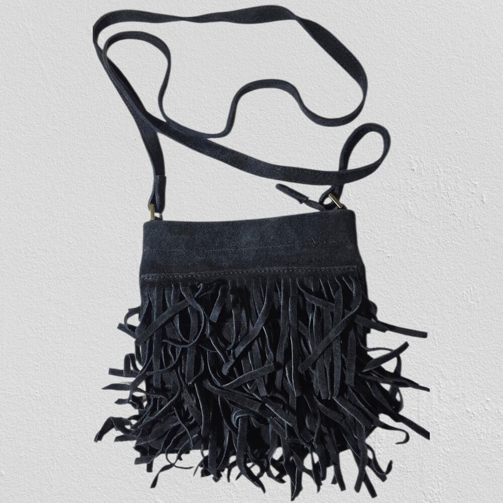 Vintage Black Genuine Suede Tiered Fringe Boho Crossbody Bag